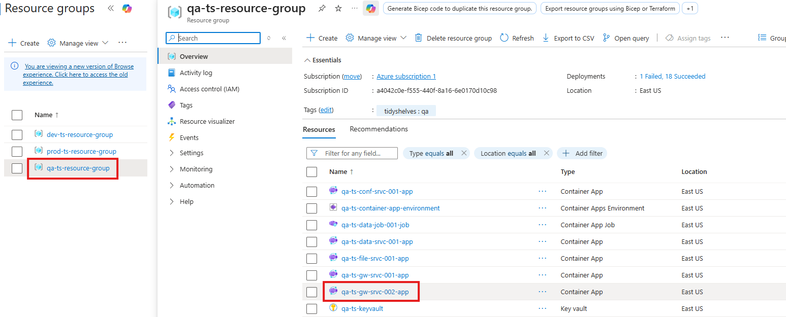 Select the Azure Container App