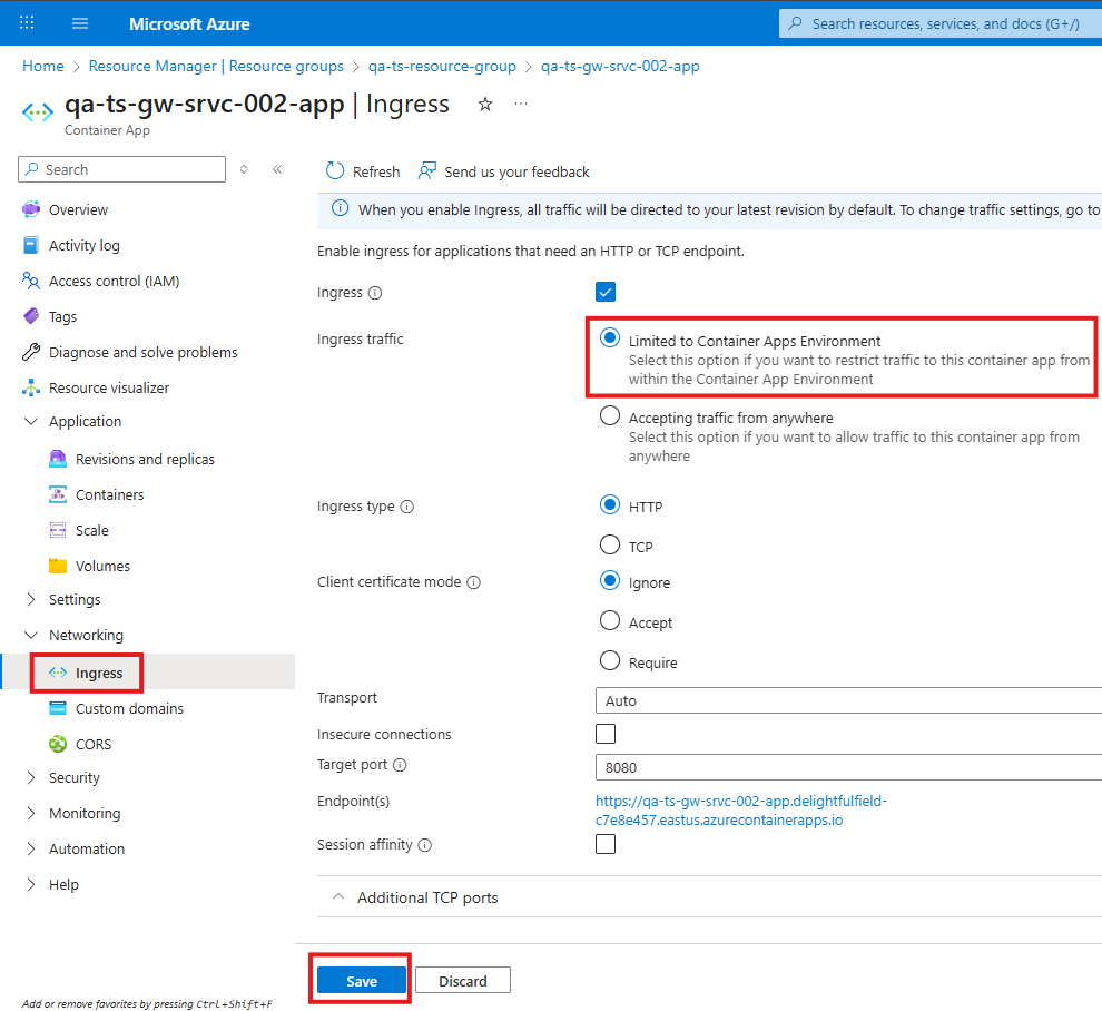 Service ingress limited to Container Apps Environment