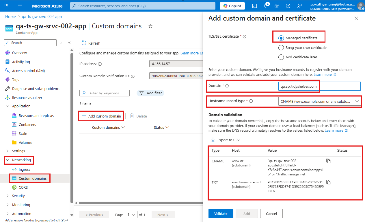 Azure Container Apps custom domain configuration (shared for Dev/QA and Prod)
