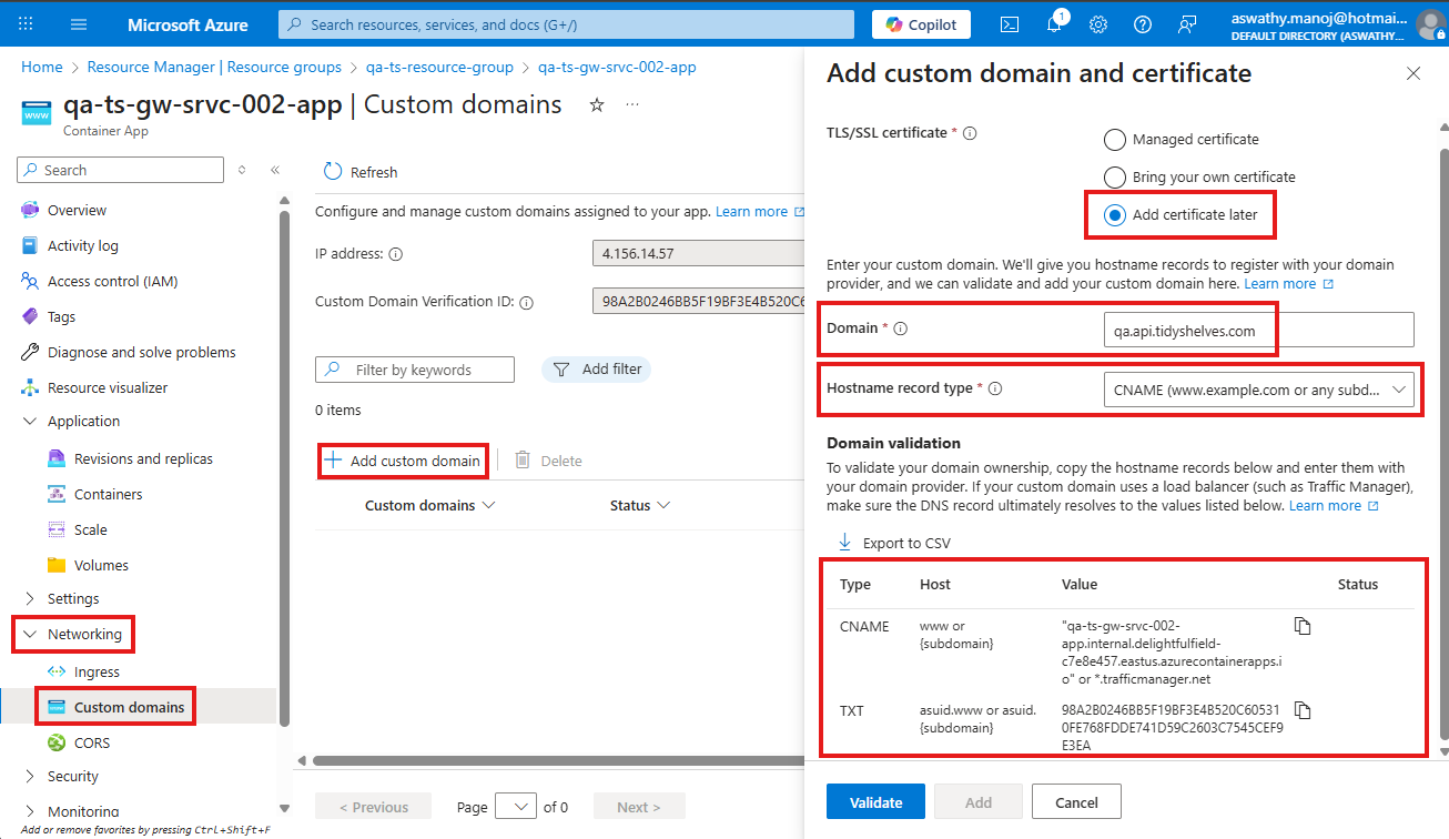 Azure Container Apps custom domain configuration (shared for Dev/QA and Prod)
