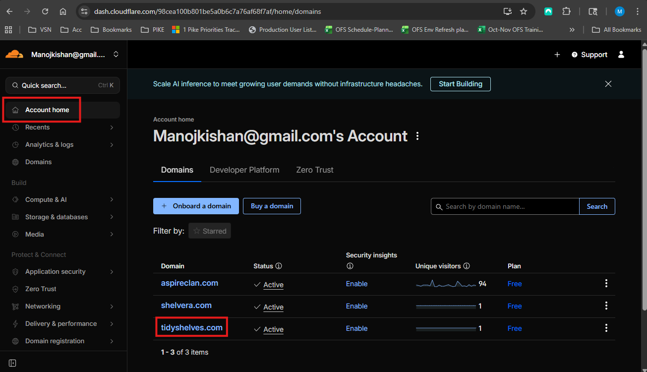 Select domain in Cloudflare account home