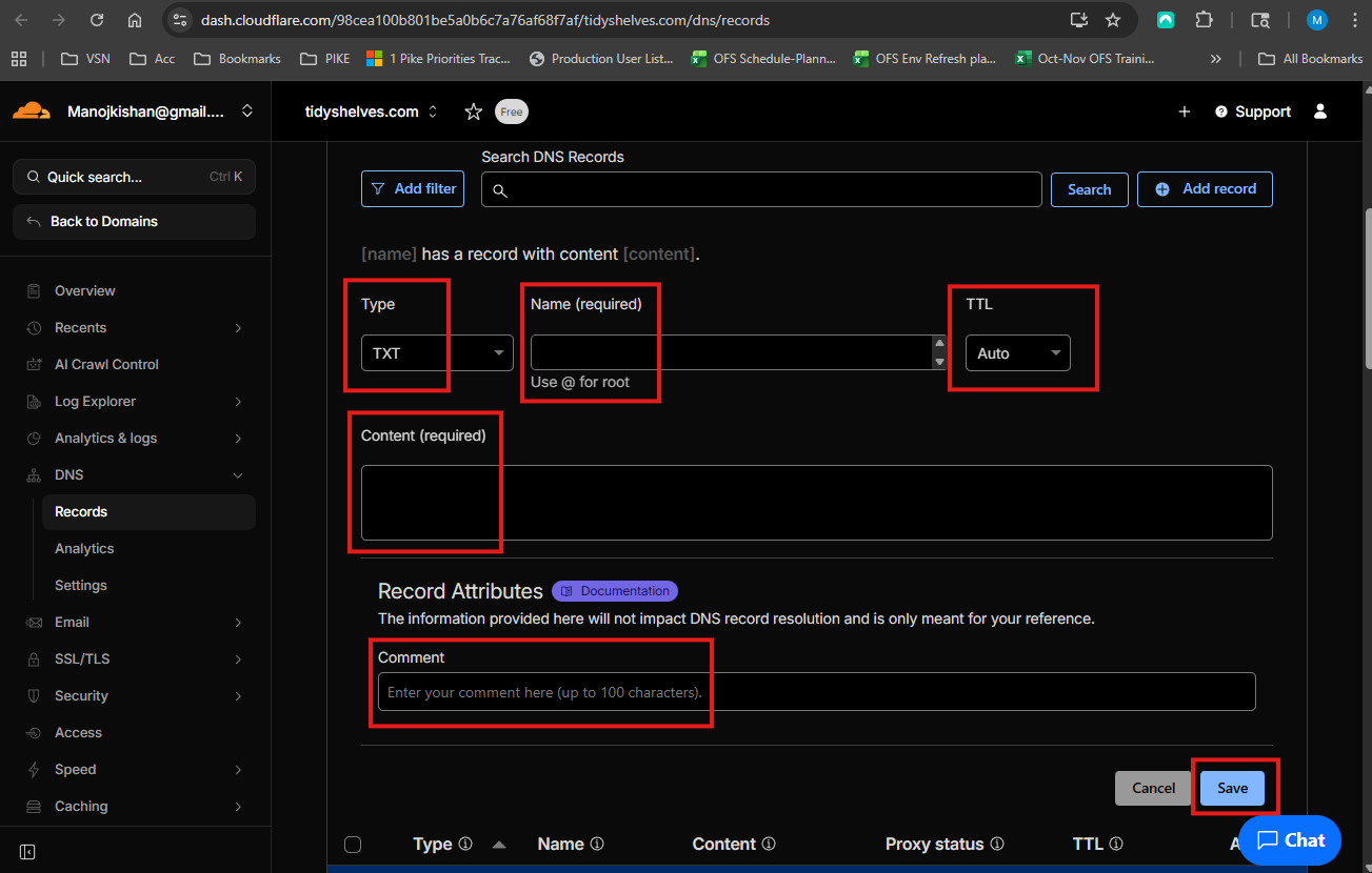 Add TXT record in Cloudflare DNS