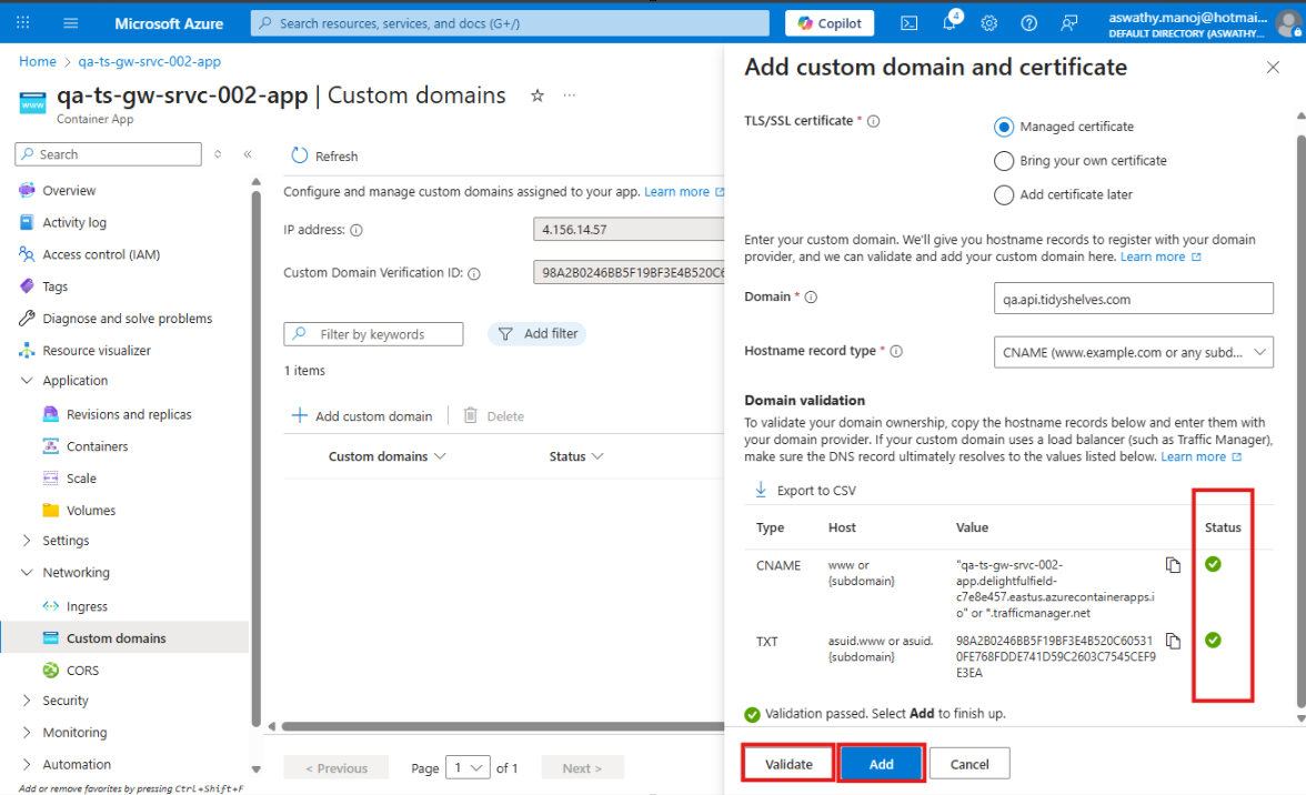 Validate CNAME and TXT successfully, then click Add in Azure Portal