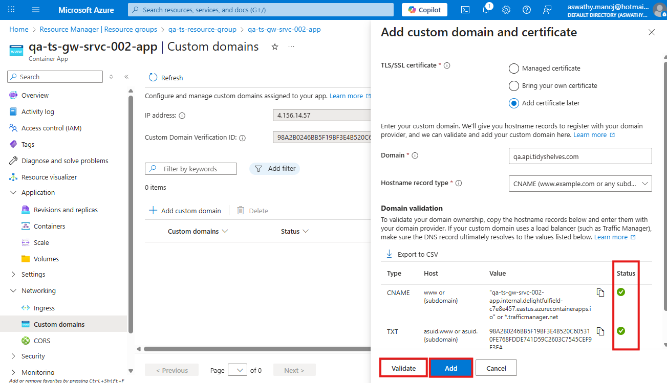 Validate CNAME and TXT successfully, then click Add in Azure Portal