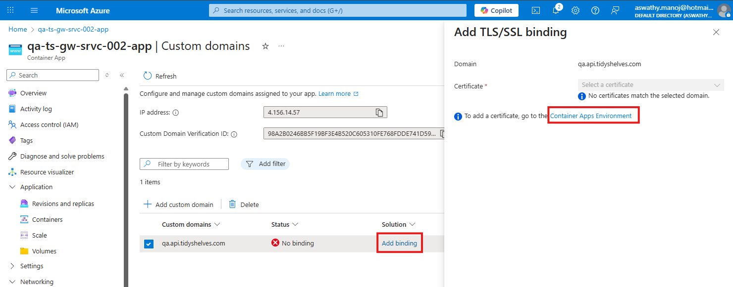 Add binding and select Container Apps Environment