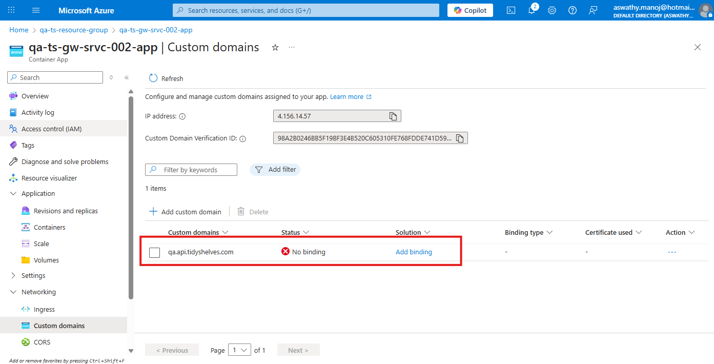Add binding and select Container Apps Environment