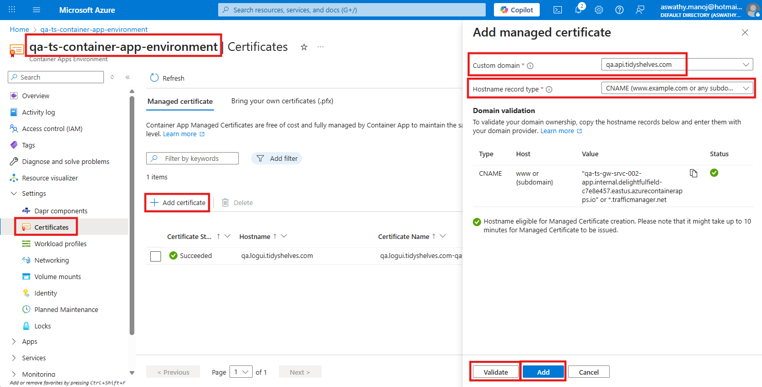 Add new certificate, validate CNAME successfully, and click Add