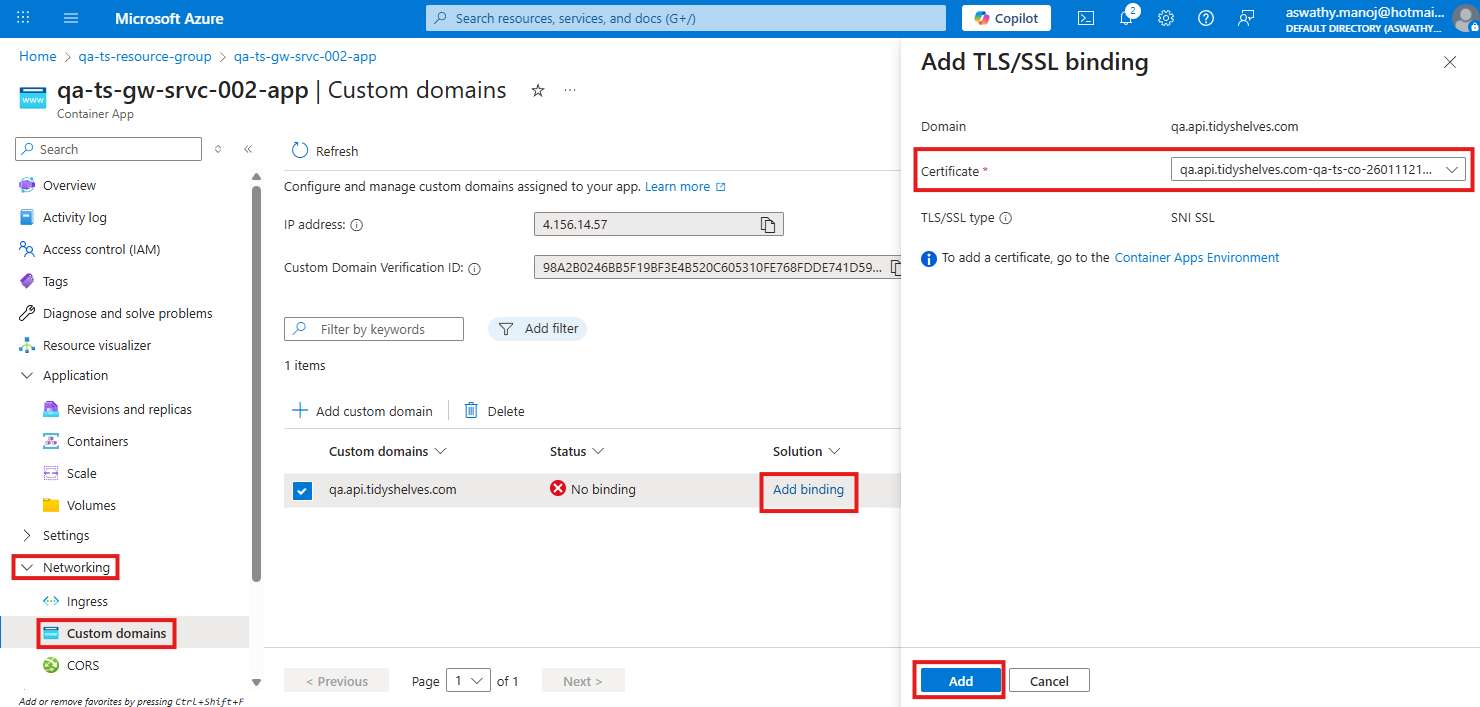 Add custom domain binding using newly created certificate