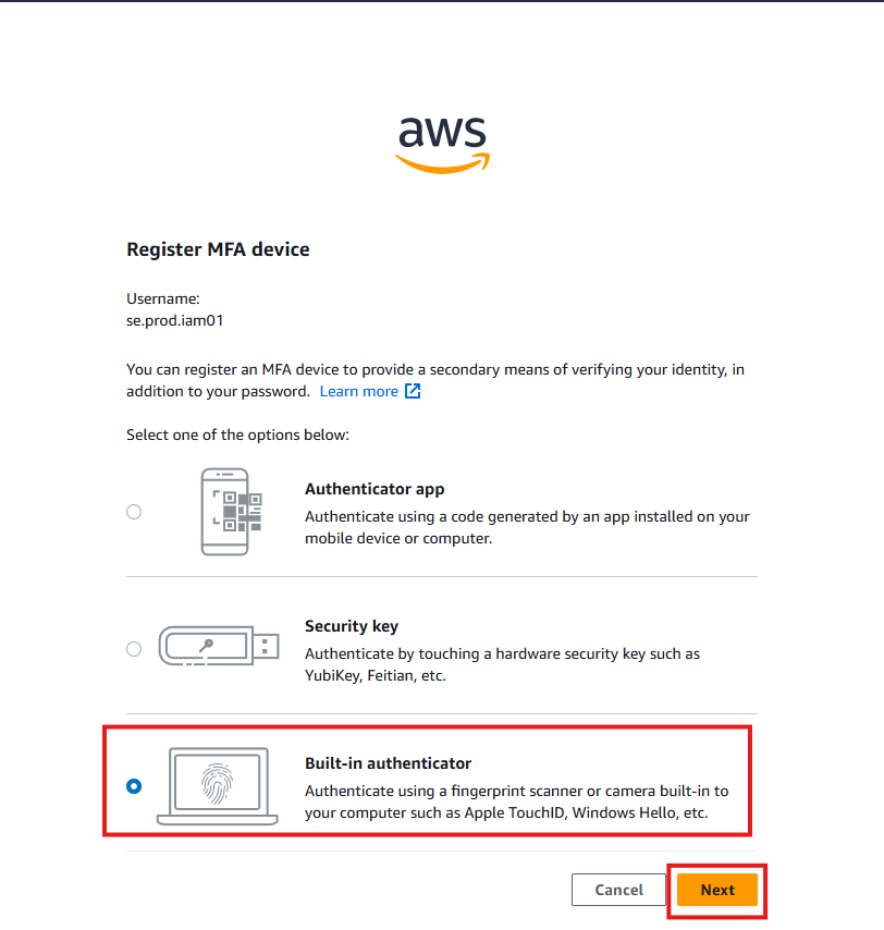 AWS Access Portal - Built-in authenticator