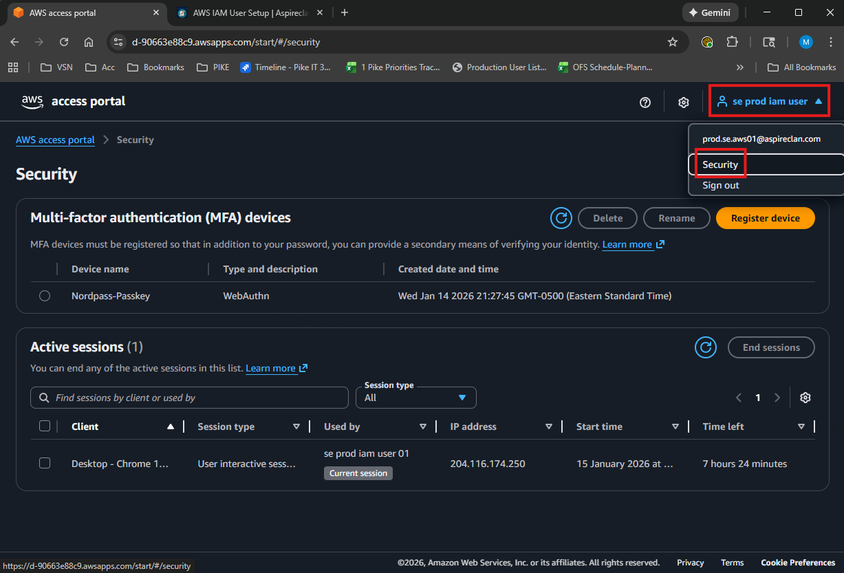 AWS Access Portal - open user menu and select Security