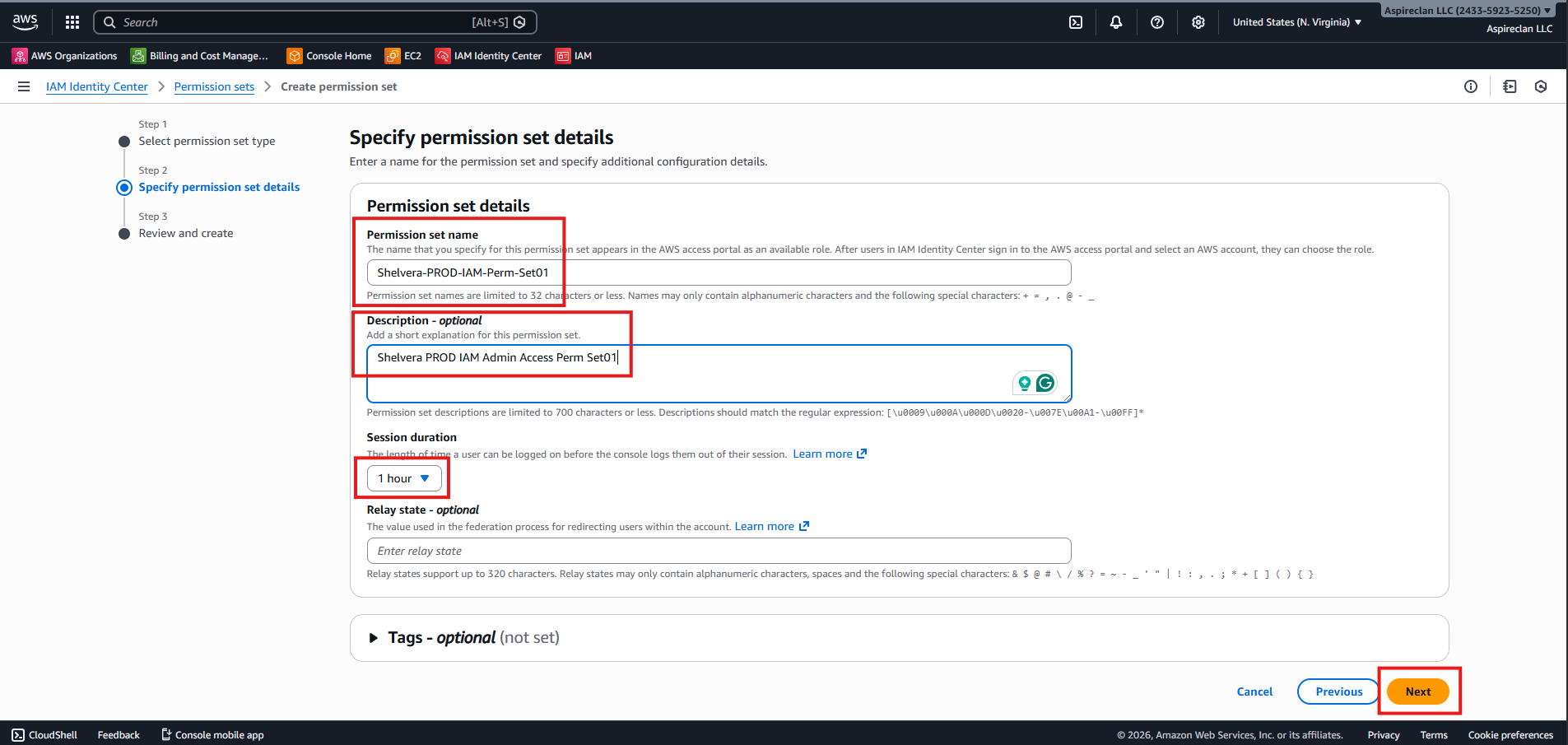 AWS IAM Identity Center - Permission set name and description