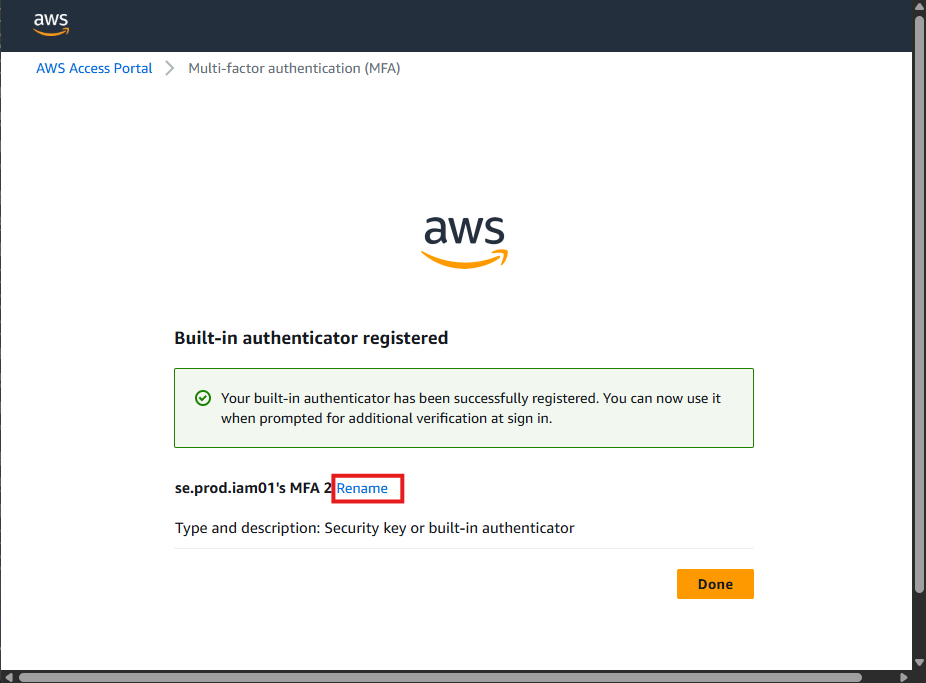 AWS - passkey name set to keeper-passkey