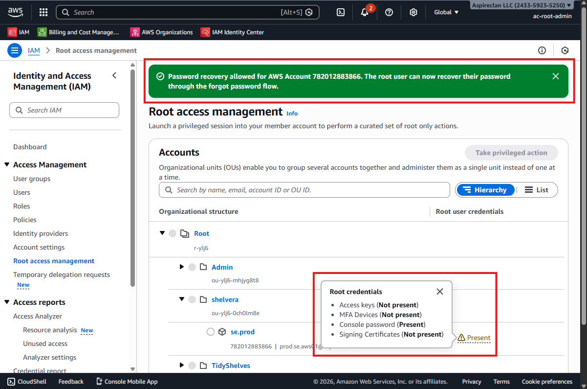 Password recovery enabled for AWS account