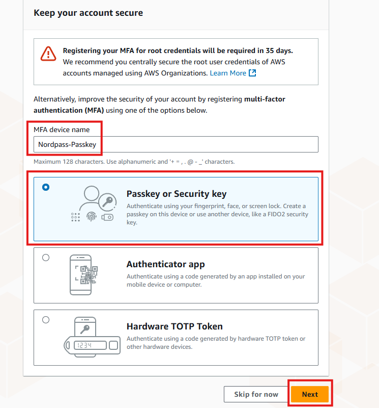 Configure NordPass passkey for root user
